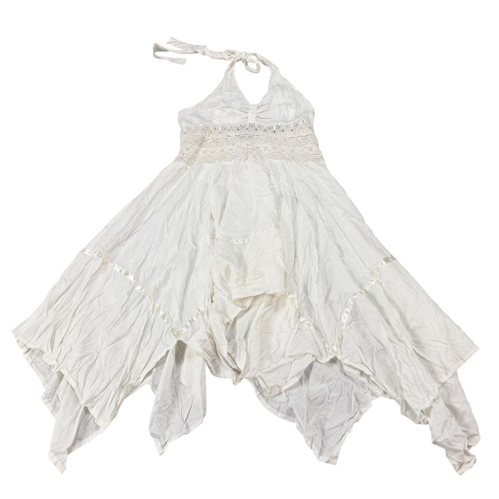 Sunny Oceans White Crochet Lace Halter Handkerchief Hem Boho Dress Large